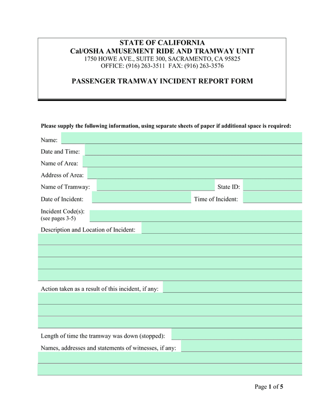 Passenger Tramway Incident Report Form screenshot