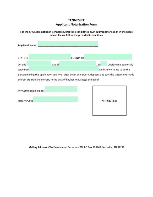 Tennessee Applicant Notarization Form screenshot