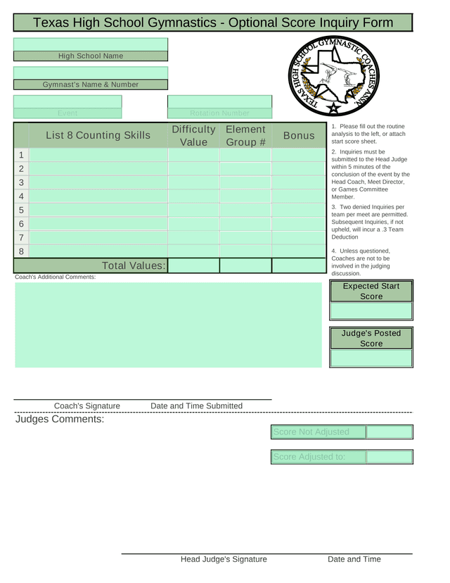 Texas High School Gymnastics   Optional Score Inquiry Form screenshot
