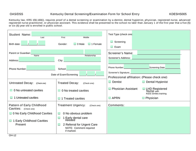Kentucky Dental ScreeningExamination Form For School Entry screenshot