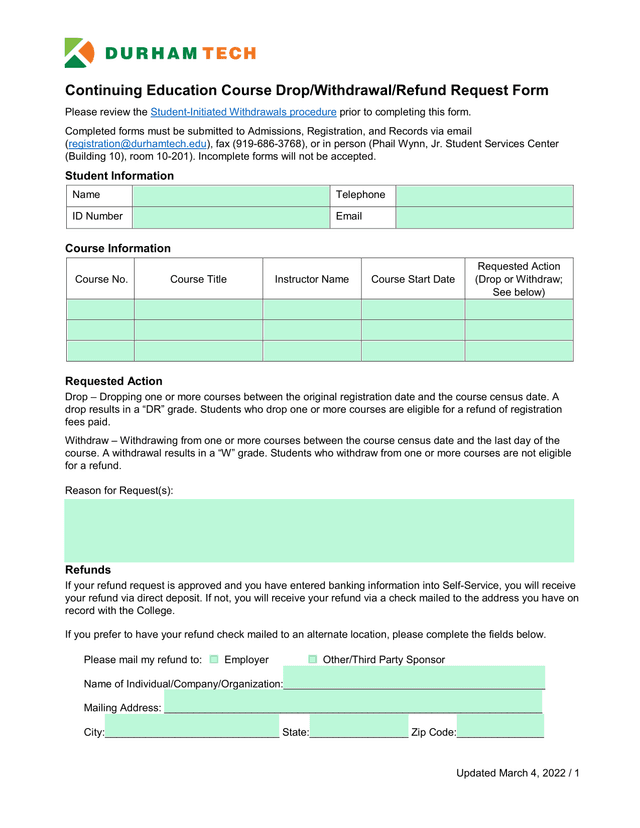 Continuing Education Course DropWithdrawalRefund Request Form screenshot