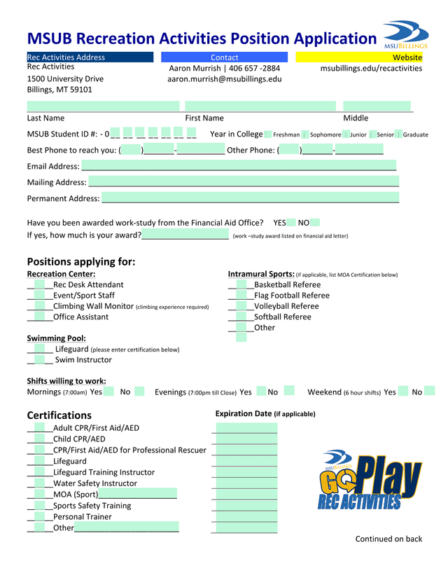 MSUB Recreation Activities Position Application screenshot