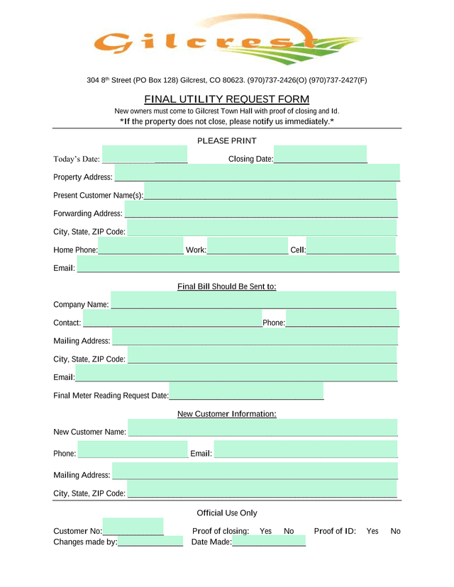 Final Utility Request Form screenshot