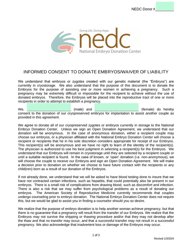 INFORMED CONSENT TO DONATE EMBRYOSWAIVER OF LIABILITY screenshot