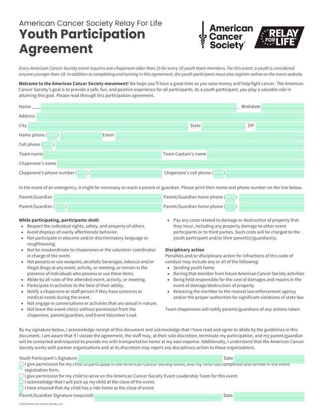 Youth Participation Agreement screenshot