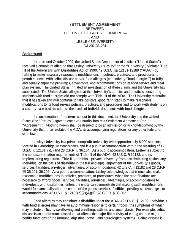 Settlement Agreement Between The United States Of America And Lesley University screenshot