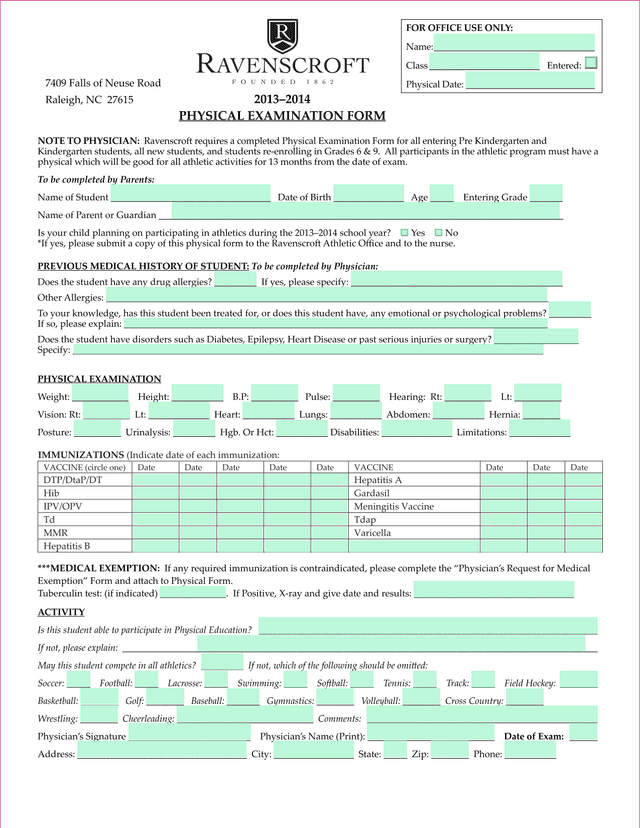 Physical Examination Form screenshot