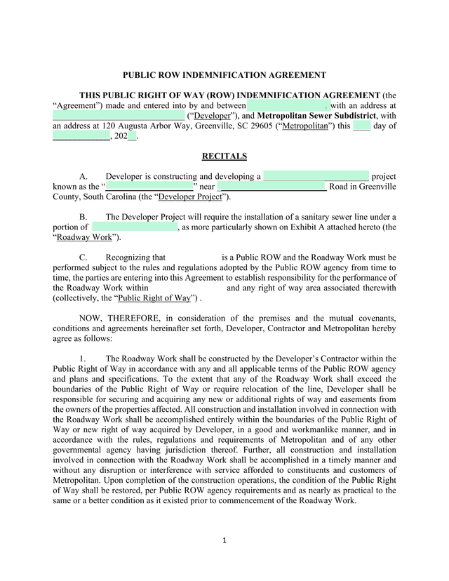 PUBLIC ROW INDEMNIFICATION AGREEMENT screenshot