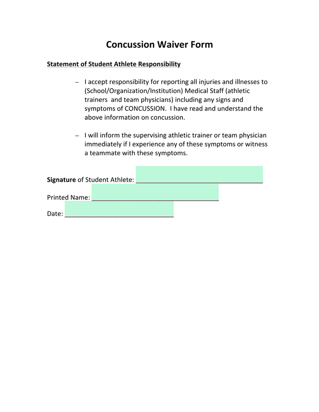 Concussion Waiver Form screenshot
