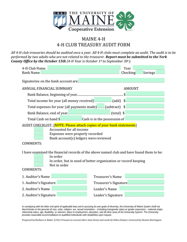 4 H Club Treasury Audit Form screenshot