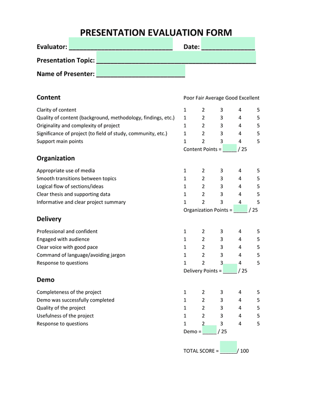 PRESENTATION EVALUATION FORM screenshot