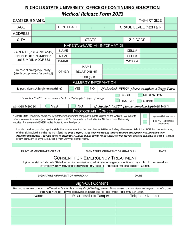 Medical Release Form 2023 screenshot