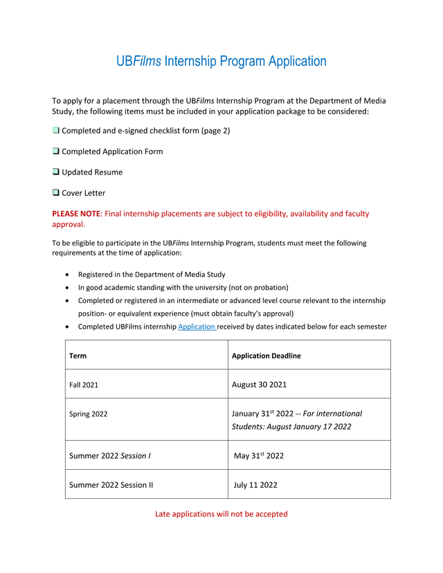 UBFilms Internship Program Application screenshot