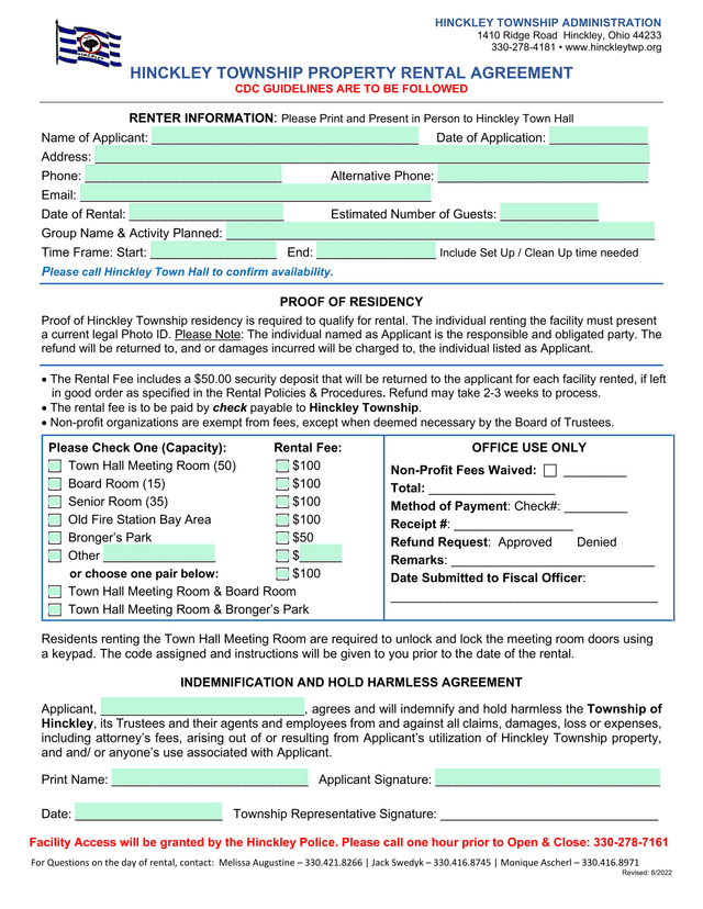 Hinckley Township Property Rental Agreement screenshot