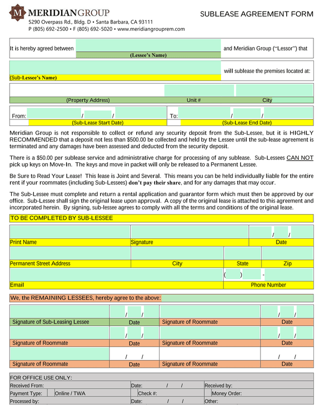 SUBLEASE AGREEMENT FORM screenshot