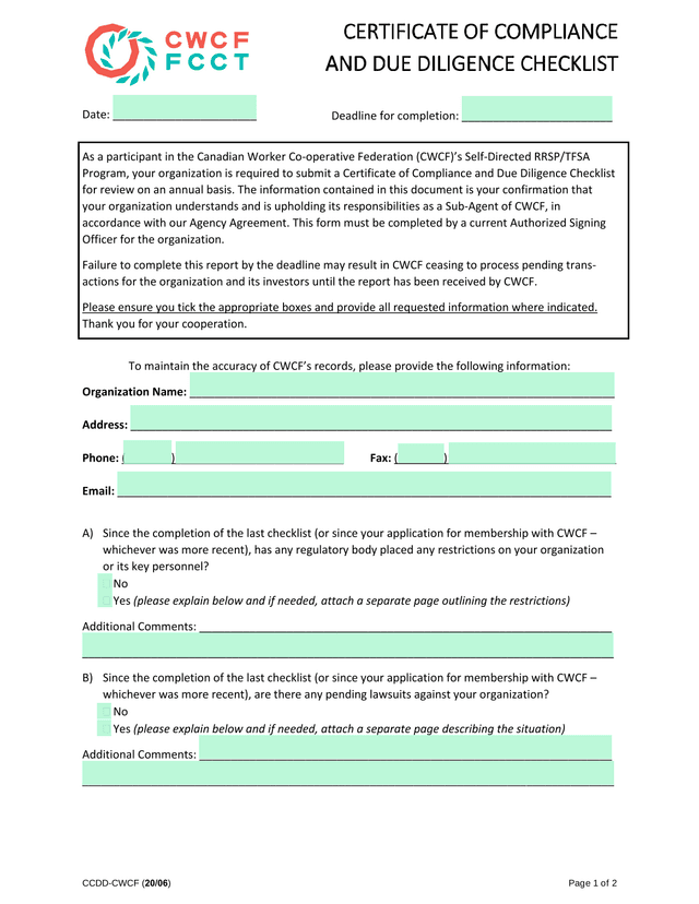 Certificate Of Compliance And Due Diligence Checklist screenshot