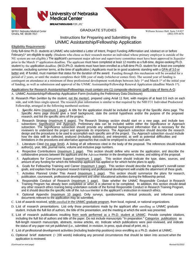 UNMC AssistantshipFellowship Application screenshot