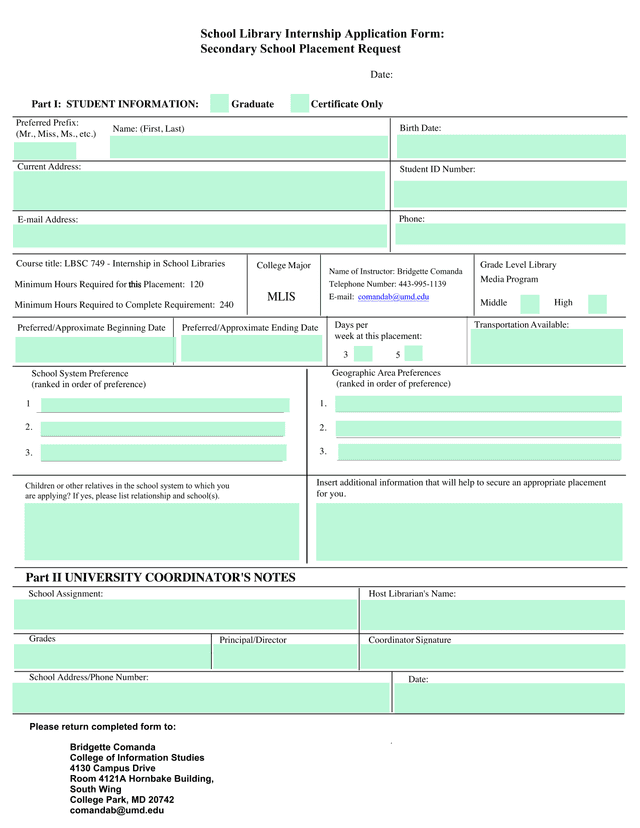 School Library Internship Application Form screenshot