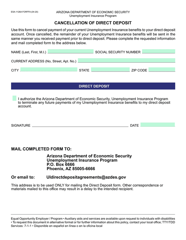 ESA 1126A FORFFA   Cancellation Of Direct Deposit screenshot