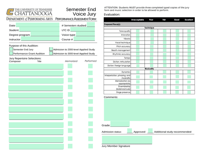 Voice Jury Evaluation Performance Assessment Form screenshot