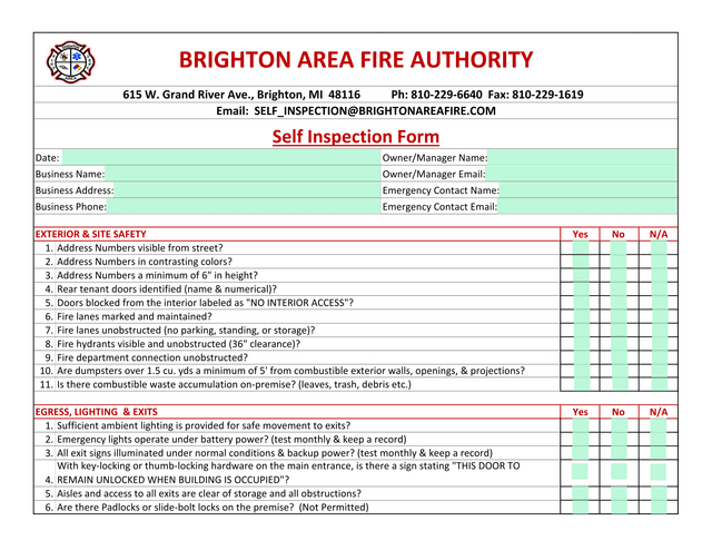 Self Inspection Form screenshot