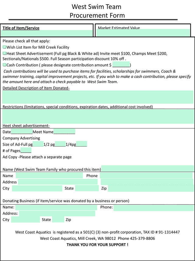 West Swim Team Procurement Form screenshot