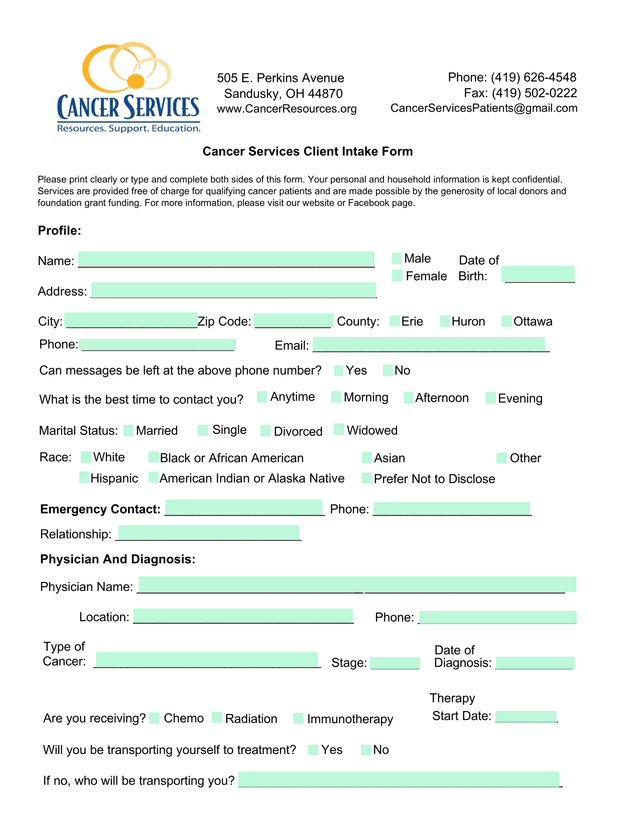 Cancer Services Client Intake Form screenshot