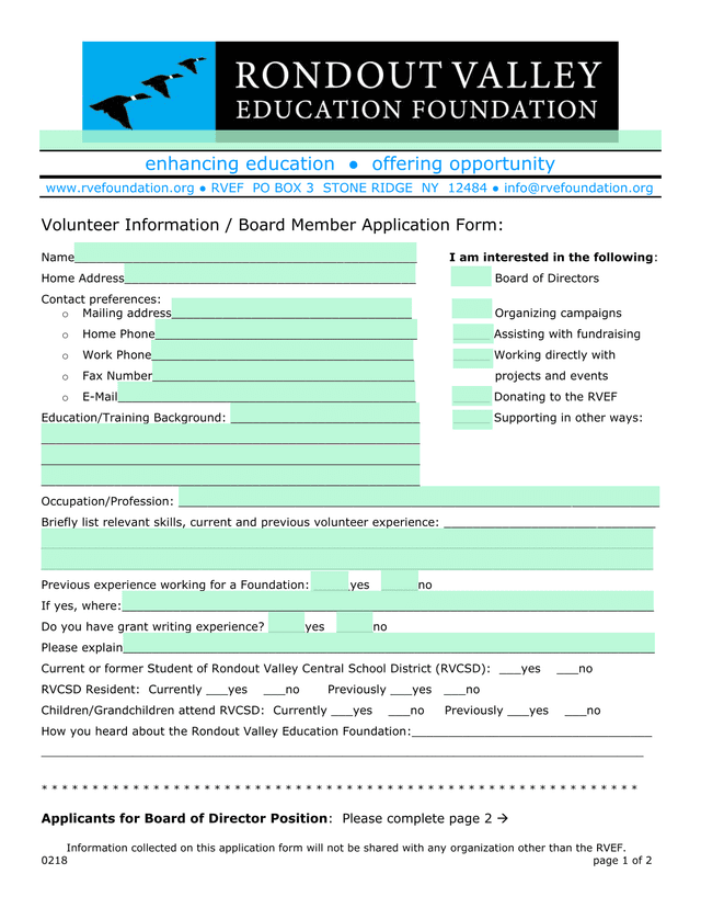 Volunteer Information  Board Member Application Form screenshot