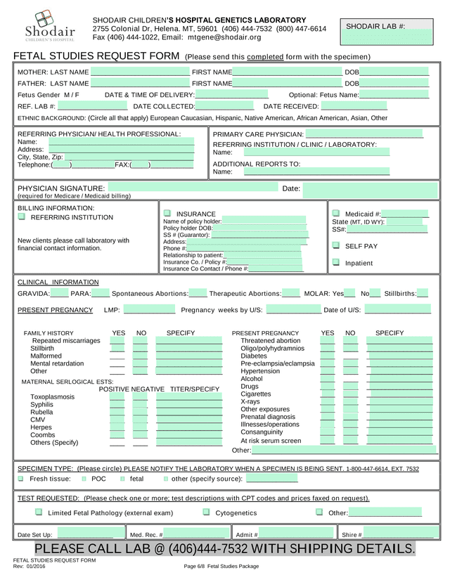 Fetal Studies Request Form screenshot