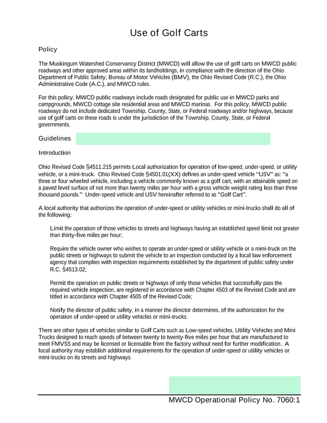 MWCD Operational Policy No. 70601 Use Of Golf Carts screenshot