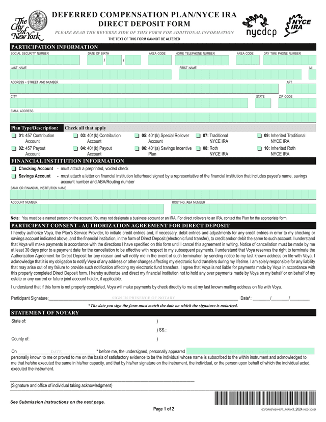 Deferred Compensation PlanNYCE IRA Direct Deposit Form screenshot
