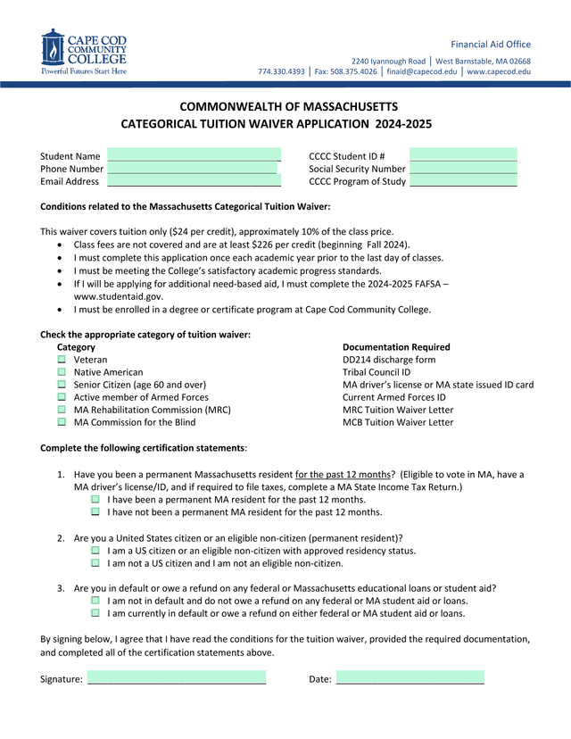 COMMONWEALTH OF MASSACHUSETTS CATEGORICAL TUITION WAIVER APPLICATION 2024 2025 screenshot