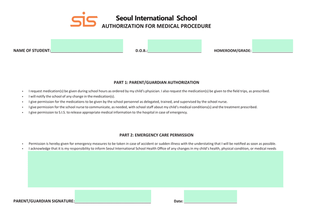 Seoul International School   Authorization For Medical Procedure  Student Medical History  Health Fo screenshot
