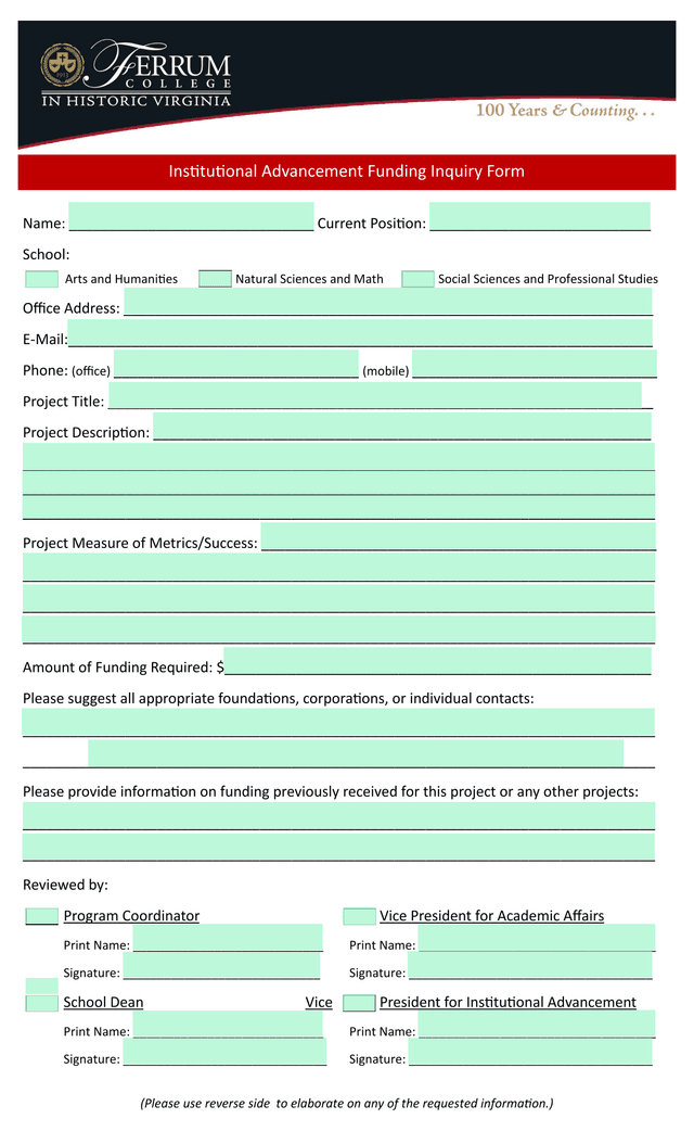 Institutional Advancement Funding Inquiry Form screenshot