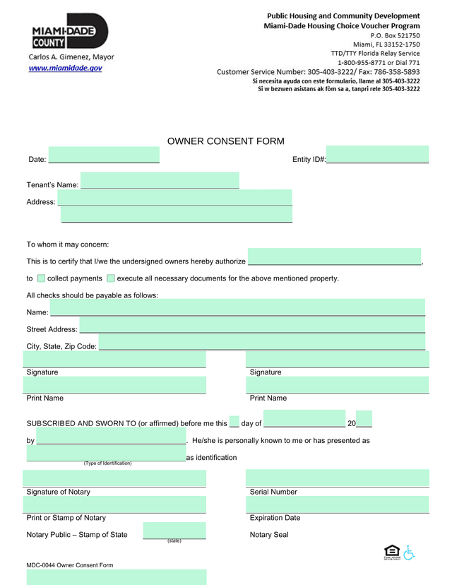 MDC 0044 Owner Consent Form screenshot