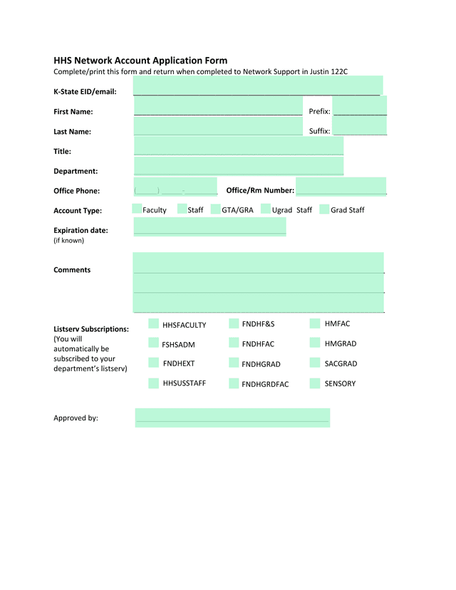 HHS Network Account Application Form screenshot