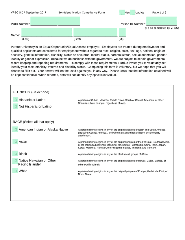 VPEC SICF September 2017 Self Identification Compliance Form screenshot