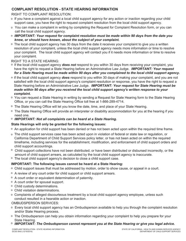 Complaint Resolution   State Hearing Information screenshot