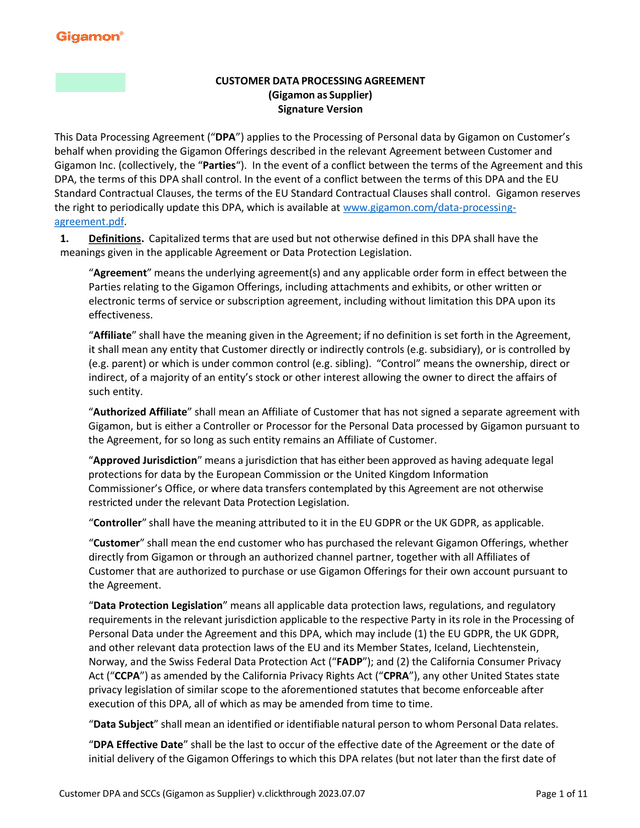 Customer Data Processing Agreement (Gigamon As Supplier) screenshot