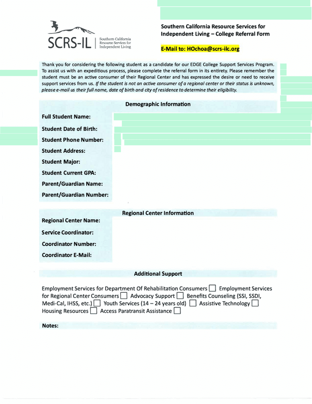 Southern California Resource Services For Independent Living   College Referral Form screenshot
