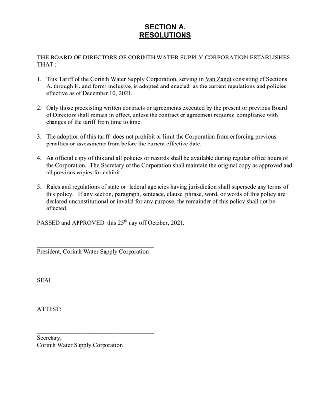 Corinth Water Supply Corporation Tariff screenshot