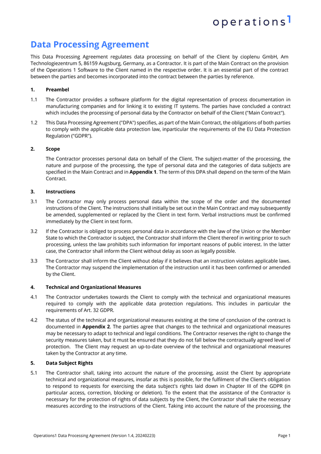 Operations1 Data Processing Agreement screenshot