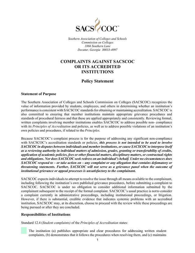 Complaints Against SACSCOC Or Its Accredited Institutions screenshot