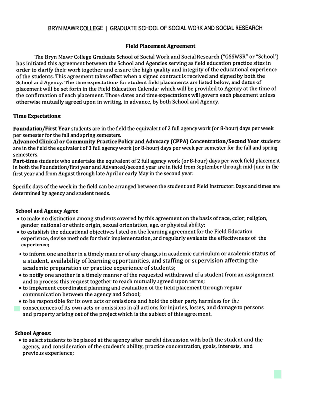 Field Placement Agreement screenshot
