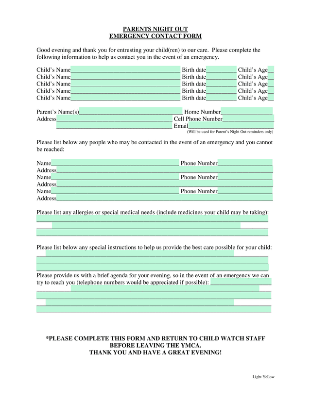 Parents Night Out Emergency Contact Form screenshot