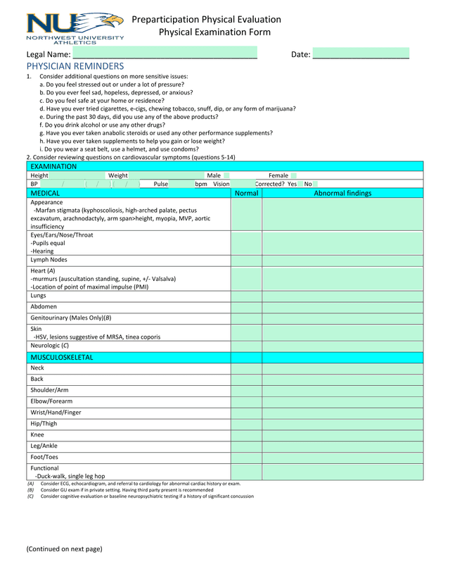 Preparticipation Physical Evaluation screenshot