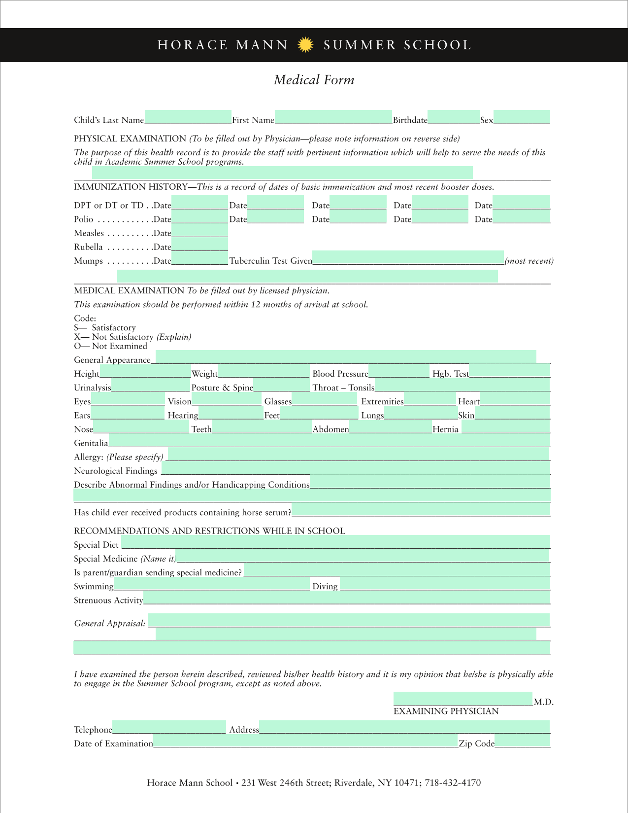 Child Physical Examination Form screenshot