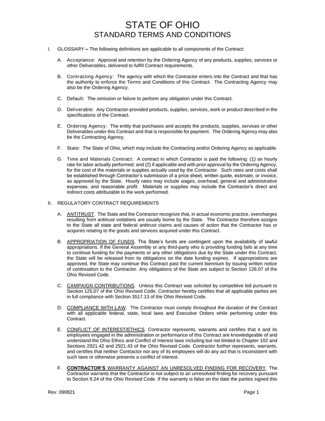 STATE OF OHIO STANDARD TERMS AND CONDITIONS screenshot