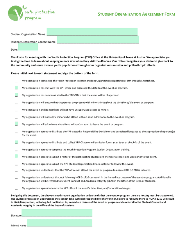 Student Organization Agreement Form screenshot