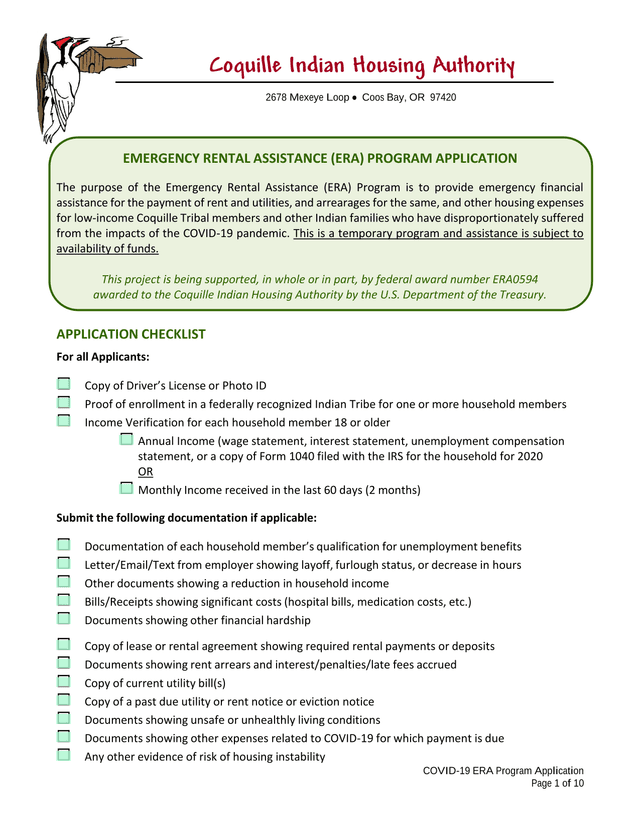 COVID 19 ERA Program Application screenshot